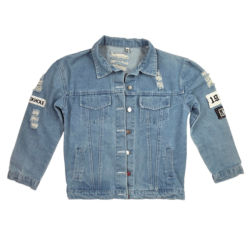 Aieryiyi Distressed Graphic Denim Jacket Light Wash Patchwork Streetwear Blue